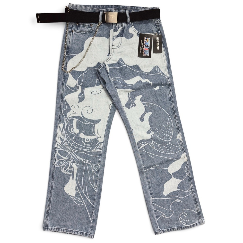 One Piece Gear 5 Luffy Denim Jeans Pants Jeans W/ Belt & Chain Men's Size 29